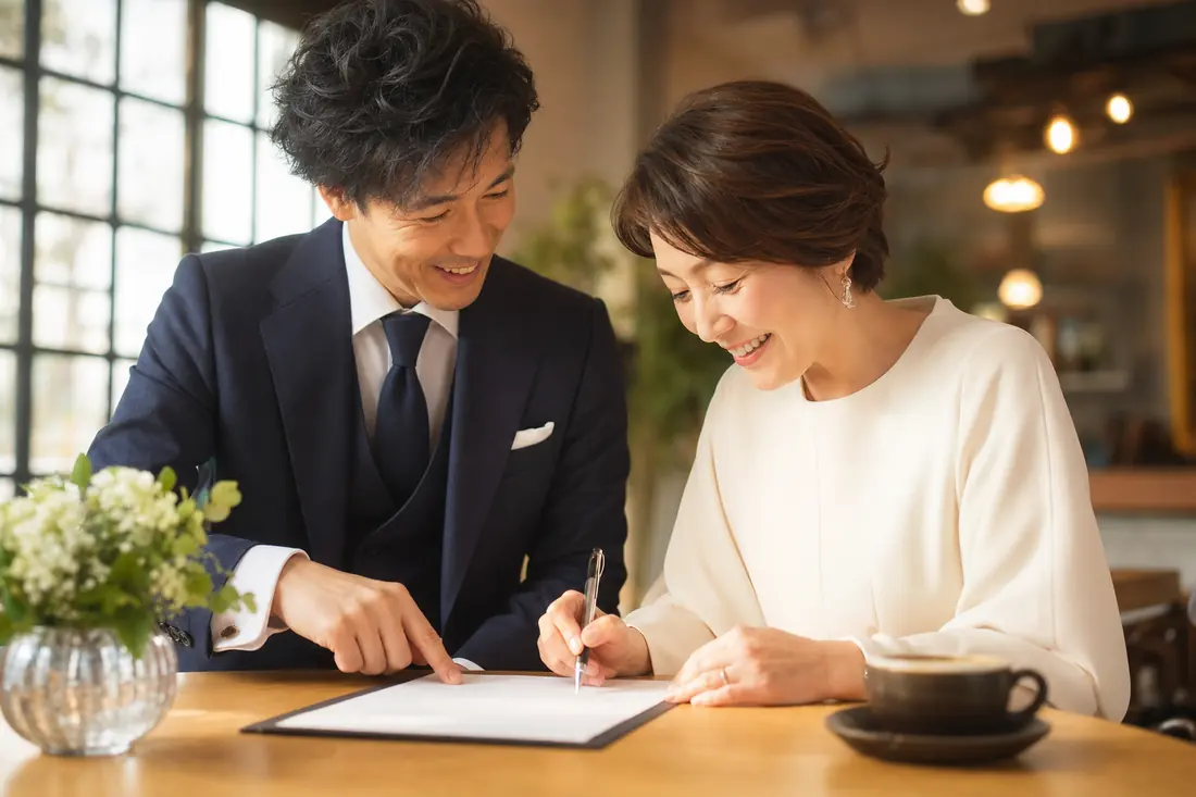 笑顔で契約書に署名するご夫婦