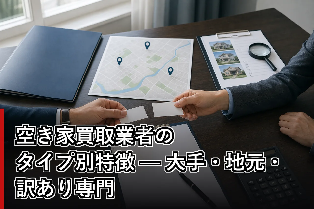 空き家買取業者のタイプ別特徴 — 大手・地元・訳あり専門のイメージ