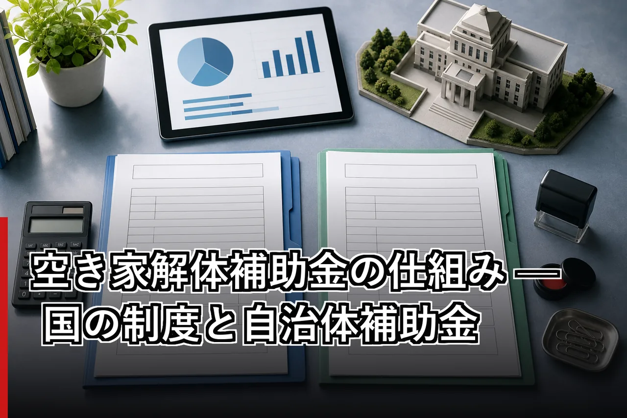 空き家解体補助金の仕組み — 国の制度と自治体補助金のイメージ