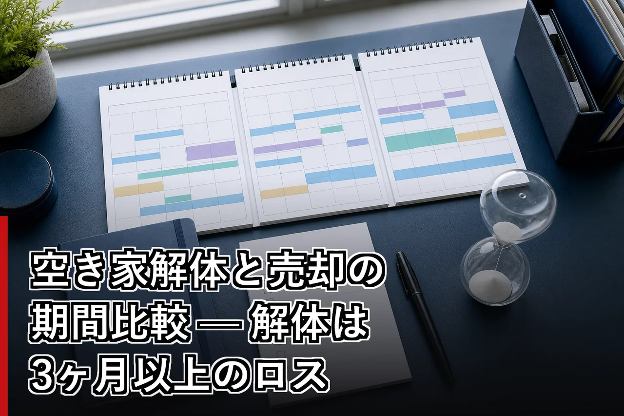 空き家解体と売却の期間比較 — 解体は3ヶ月以上のロスのイメージ
