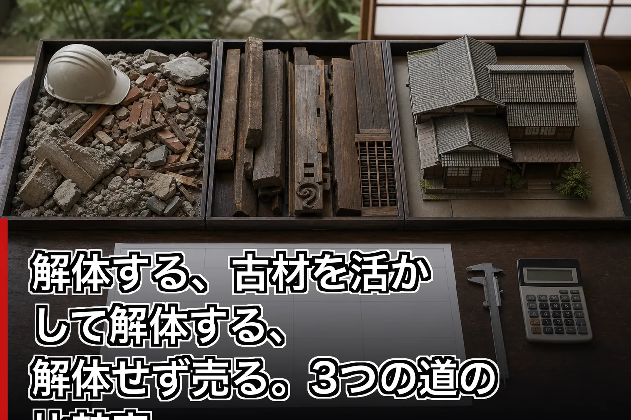 解体する、古材を活かして解体する、解体せず売る。3つの道の比較表のイメージ