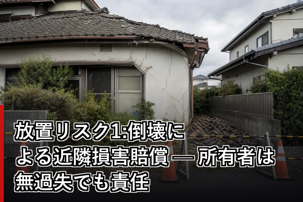 放置リスク1:倒壊による近隣損害賠償 — 所有者は無過失でも責任のイメージ