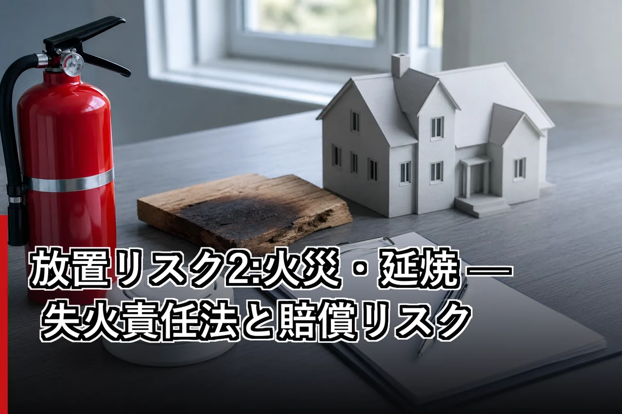 放置リスク2:火災・延焼 — 失火責任法と賠償リスクのイメージ