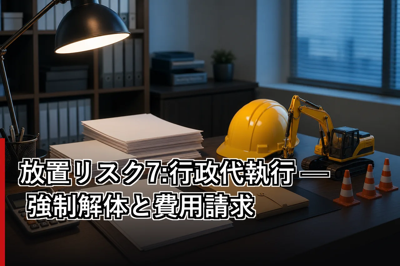 放置リスク7:行政代執行 — 強制解体と費用請求のイメージ
