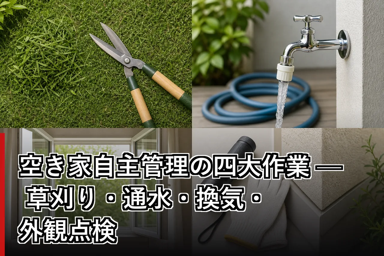 空き家自主管理の四大作業 — 草刈り・通水・換気・外観点検のイメージ