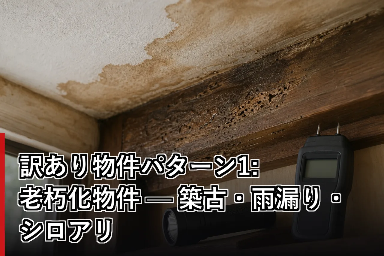 訳あり物件パターン1:老朽化物件 — 築古・雨漏り・シロアリのイメージ