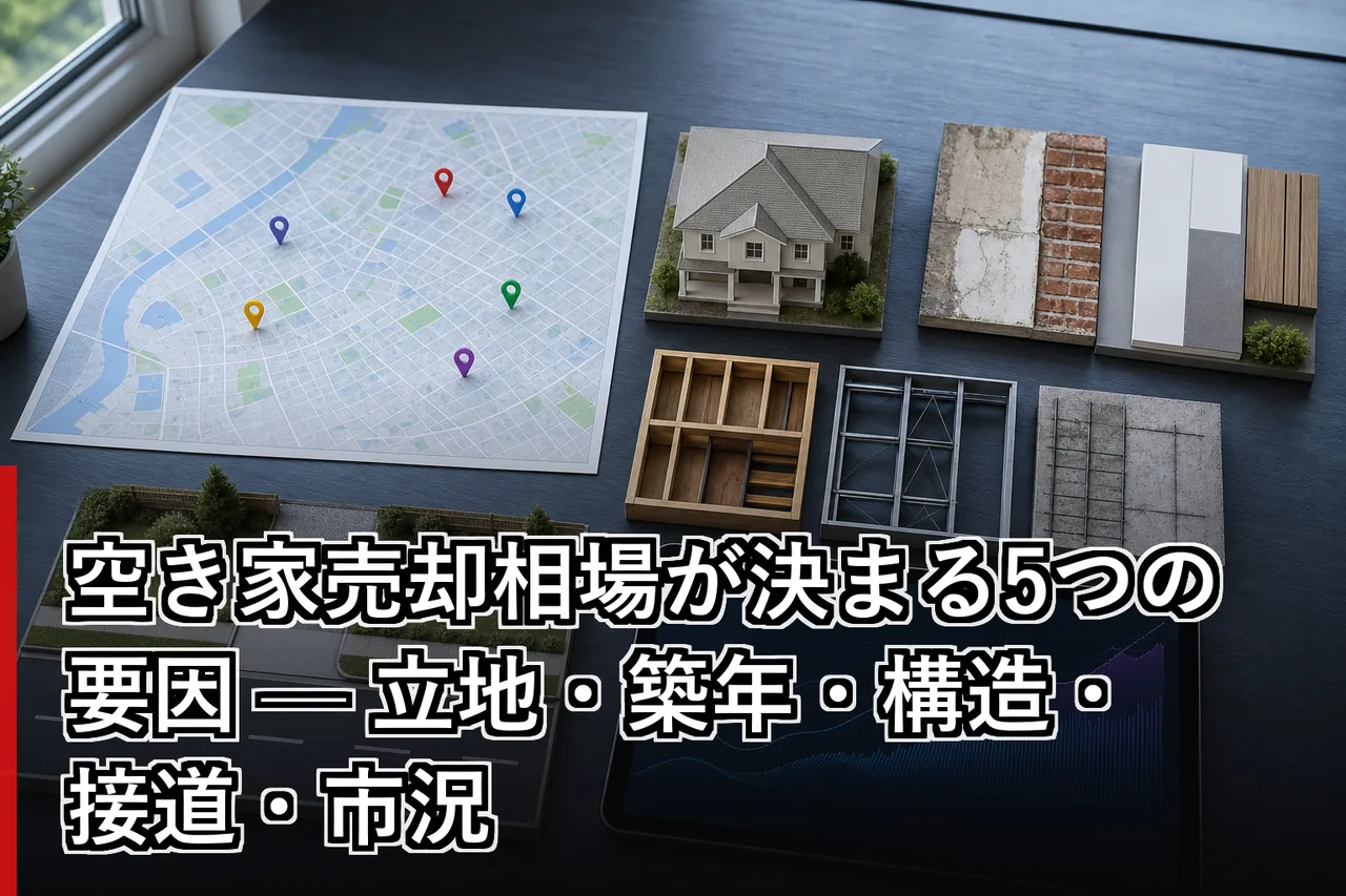 空き家売却相場が決まる5つの要因 — 立地・築年・構造・接道・市況のイメージ