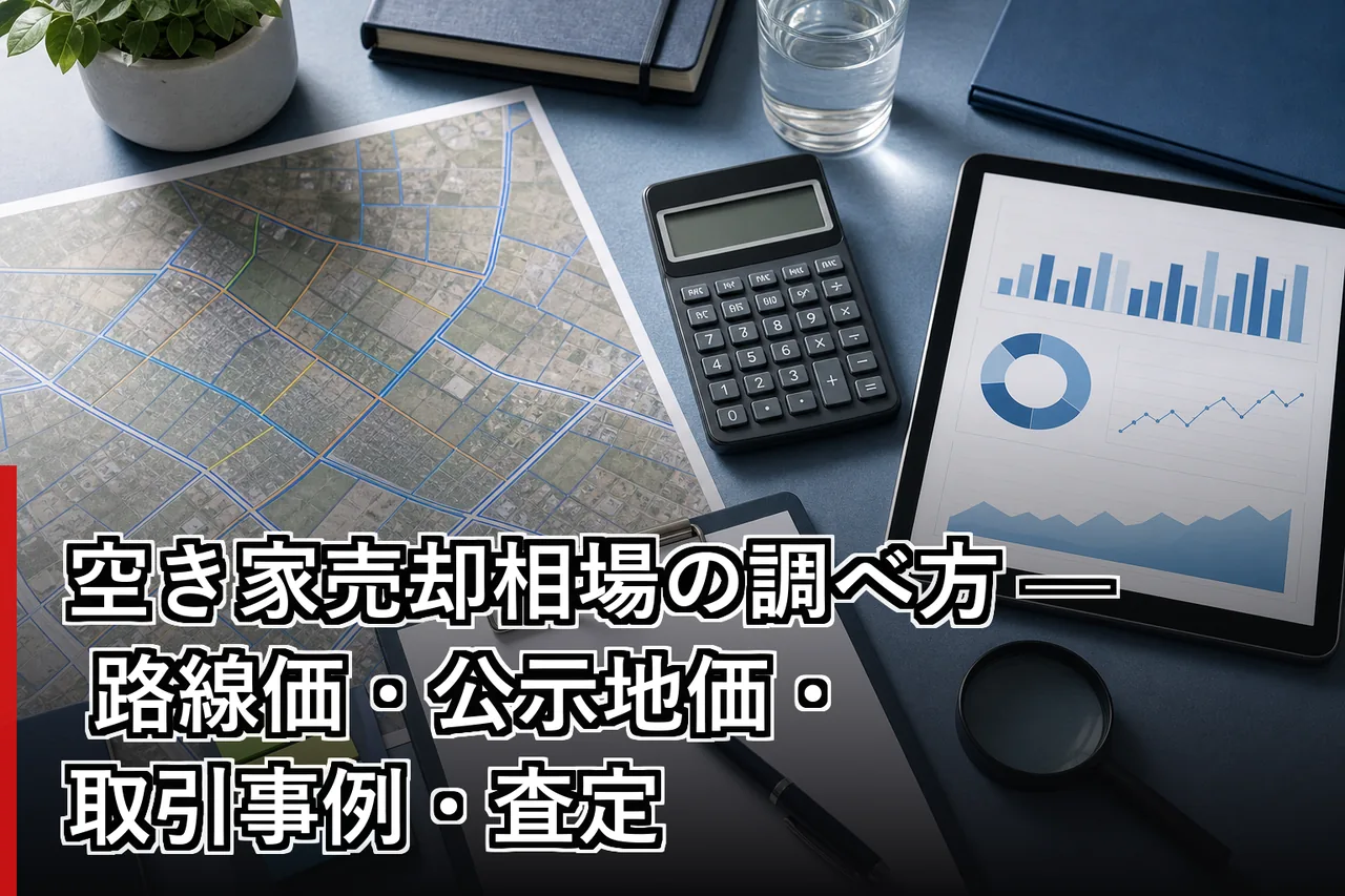 空き家売却相場の調べ方 — 路線価・公示地価・取引事例・査定のイメージ