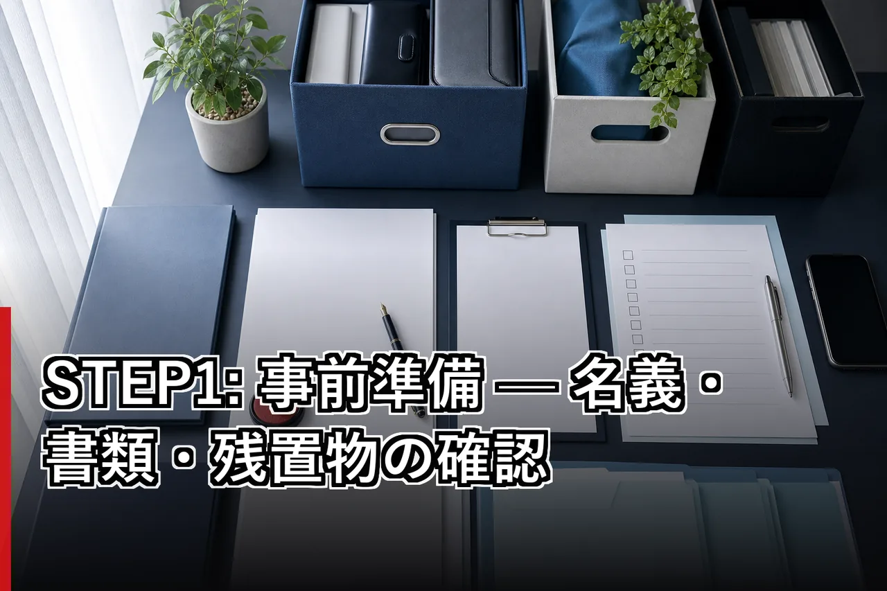 STEP1: 事前準備 — 名義・書類・残置物の確認のイメージ
