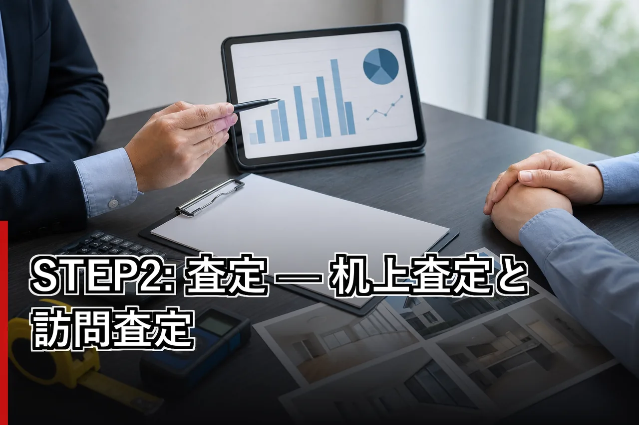 STEP2: 査定 — 机上査定と訪問査定のイメージ