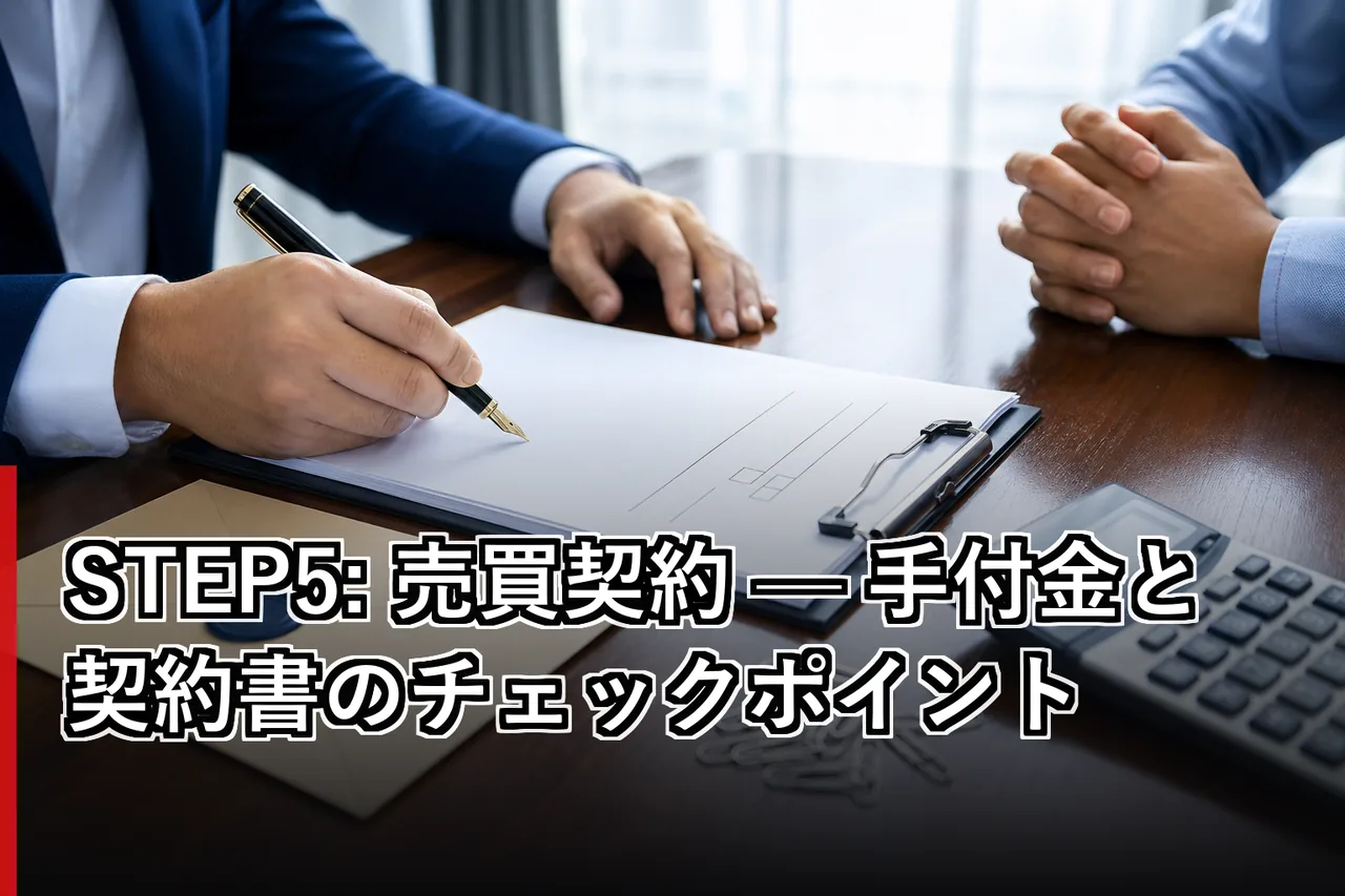 STEP5: 売買契約 — 手付金と契約書のチェックポイントのイメージ