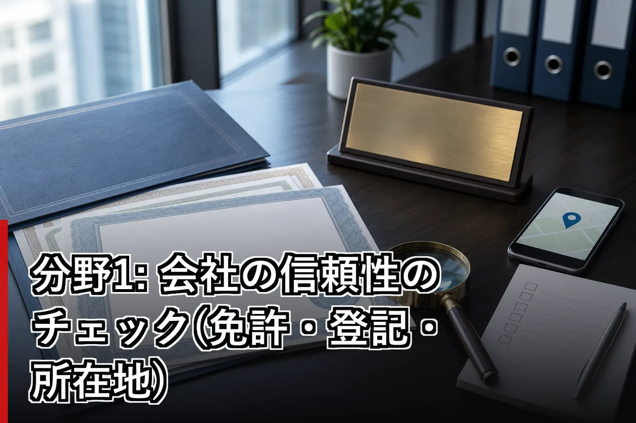 分野1: 会社の信頼性のチェック(免許・登記・所在地)のイメージ