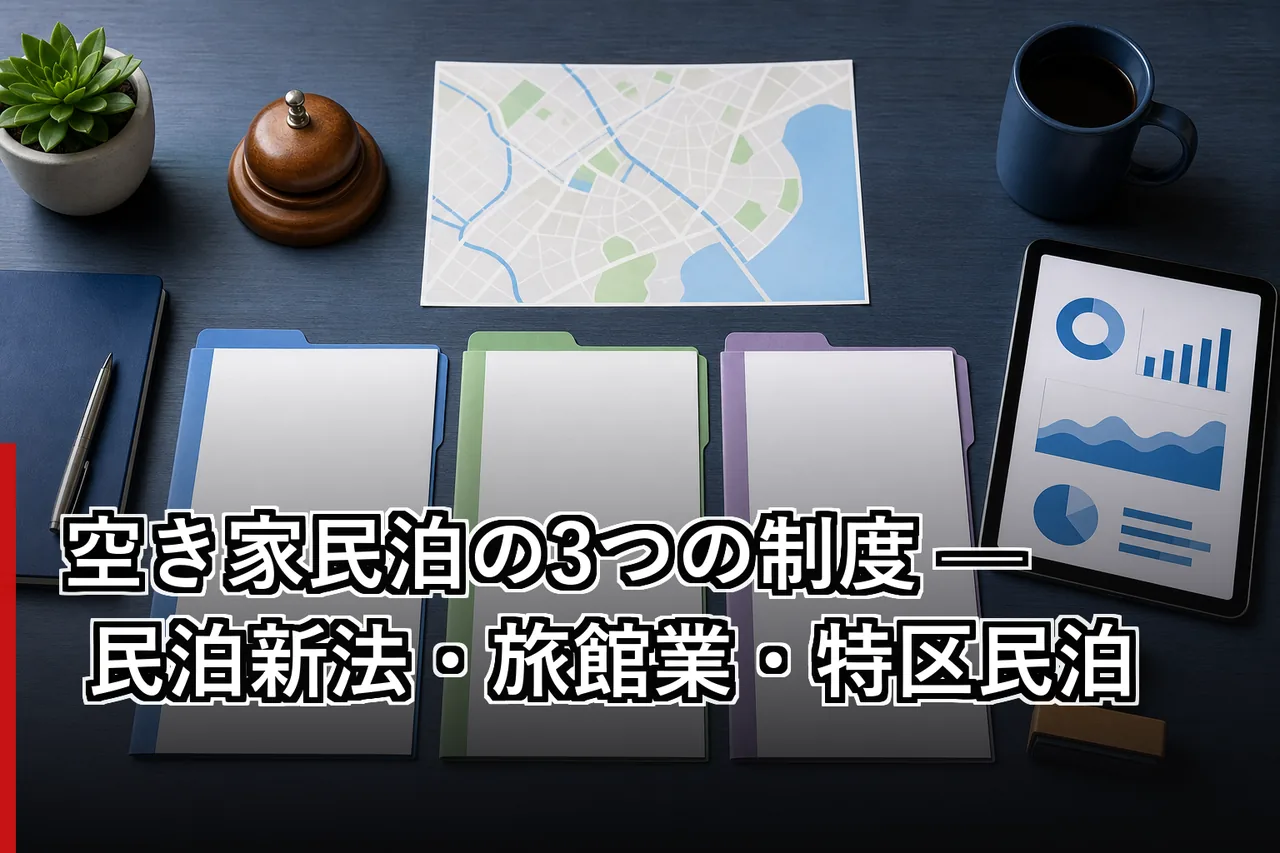 空き家民泊の3つの制度 — 民泊新法・旅館業・特区民泊のイメージ